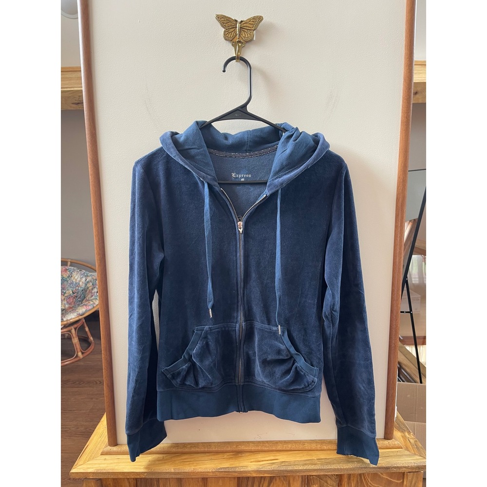 Express Velour Hoodie Womens M Navy Blue Royal Beauty Lion Y2K Zip